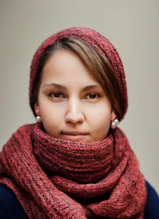 Prompt: portrait of a 2 3 year old woman, symmetrical face, scarf and pearl earrings, she has the beautiful calm face of her mother, slightly smiling, ambient light