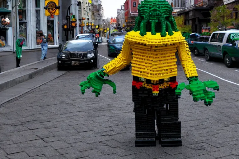 Prompt: Cthulhu, made out of Legos, walking down a city street, photo realistic