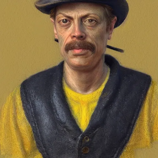 Image similar to hyper realistic closeup bust of a new england fisherman, wearing a yellow fisherman's hat, steve buscemi, painted, colorized, bossons vintage chalkware, by emile renouf