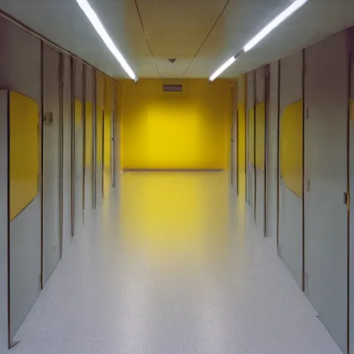 Image similar to an infinite empty yellow hallway, liminal space, vhs recording, sharp focus