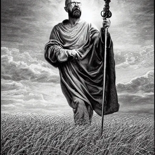 Image similar to walter white as god decending upon a golden field of wheat, trending on artstation, gustave dore, renaissance art, hyper detail, bloom, painting