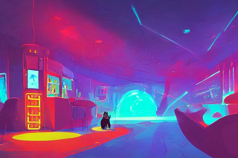 Prompt: a digital art of a cat in a luminous disco bar, light effect, highly detailed, by anton fadeev