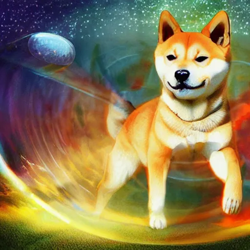 Image similar to shiba inu puppy walks through a dimensional portal, Fantasy Art