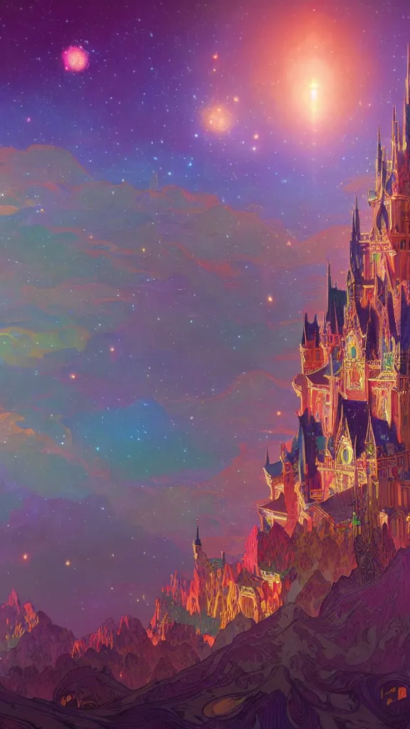 Prompt: a beautiful highly detailed matte painting of colorful castle nebulas by moebius, alphonse mucha, stars in the background, highly detailed, intricate design, 8 k resolution, octane render, trending on artstation and cgsociety