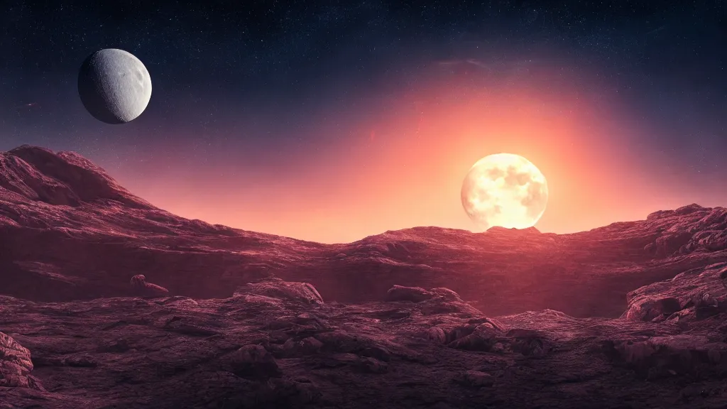 Prompt: a landscape of an alien planet. sunset, full moon, luxurious environment, cinematic composition, cinematic lighting, photo realistic, ultra detailed, foundation, star wars, magnificent, 4 k, 8 k