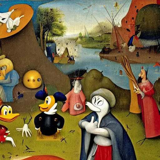 Prompt: donald duck in the garden of earthly delights by hieronymus bosch.