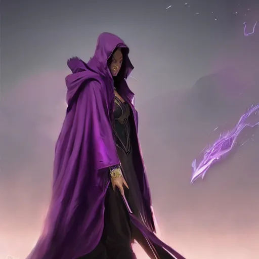 Prompt: female warlock long hood cloak purple, fighting monster with magic, 8 k, trending on artstation by tooth wu and greg rutkowski