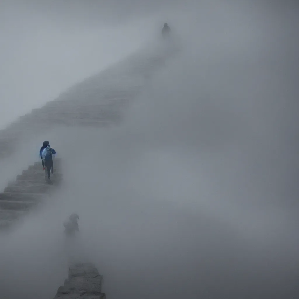 Image similar to a man walking up a set of stairs in the clouds, an ambient occlusion render by wang yuan, cg society contest winner, interactive art, made of mist