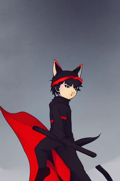 Prompt: little boy with cat ears in an black outfit with red cape. digital artwork made by lois van baarle and kentaro miura, sharpness focus, inspired by hirohiko araki, anatomically correct, heroic composition, hero pose, smooth, noir city