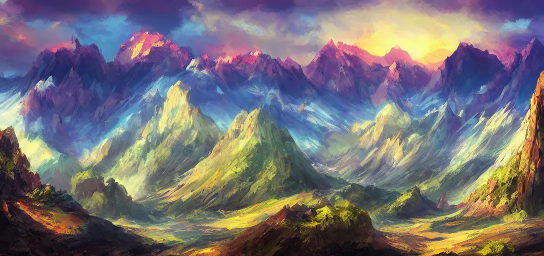 Image similar to vast mountain landscape, craggy mountains, magic the gathering, three - colors, three - color color palette, panoramic, wide angle, horizon, highly detailed