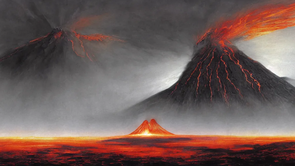 Prompt: volcanic plains of mordor, flaming eye of sauron in the dark clouds above, by alan lee, intricate, lord of the rings calendar, smooth, detailed terrain, oil painting, trending artstation, concept art, matte painting