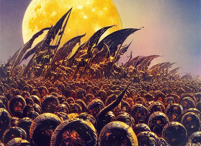 Image similar to beautiful as the moon, terrible as an army with banners. art by michael whalen and bruce pennington