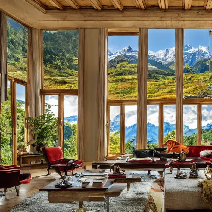 Prompt: photo of a fantastical living room with switzerland landscape in the window in the style of maximalism