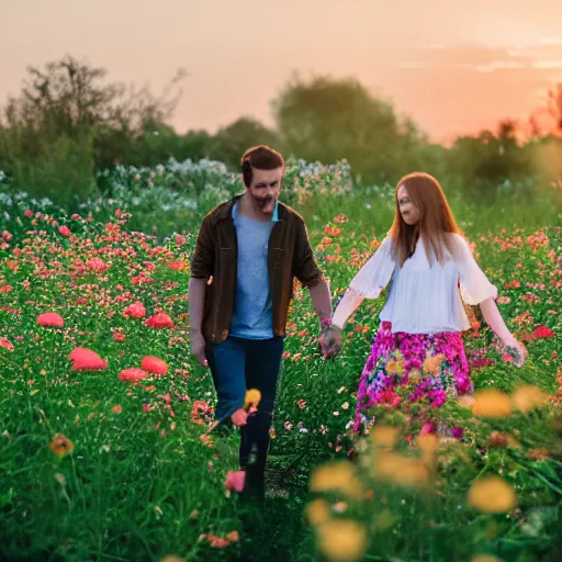 Prompt: a young couple holding hands in a field of flowers at sunset