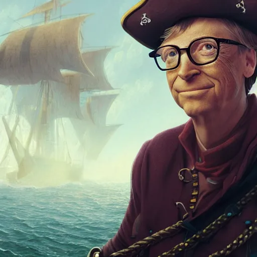 Image similar to bill gates on a pirate ship, highly detailed vfx portrait, unreal engine, greg rutkowski, loish, rhads, caspar david friedrich, makoto shinkai and lois van baarle, ilya kuvshinov, rossdraws, elegent, tom bagshaw, alphonse mucha, global illumination, detailed and intricate environment.