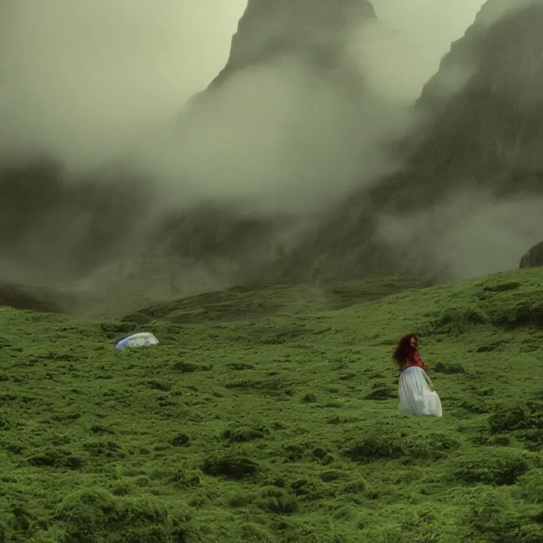 Image similar to bright and moody 1 9 7 0's artistic technicolor spaghetti western film, a large huge group of women in a giant billowing wide long flowing waving shining bright white dresses made of white smoke, standing inside a green mossy irish rocky scenic landscape, volumetric lighting, backlit, moody, atmospheric, fog, extremely windy, soft focus