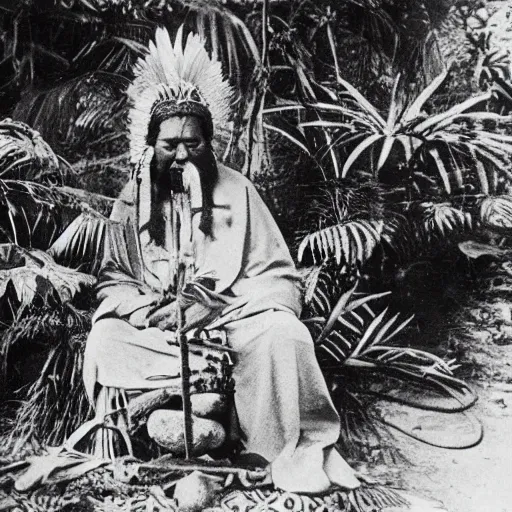 Image similar to lost film footage of a sacred in the middle of the ( ( ( ( ( ( ( ( ( tropical jungle ) ) ) ) ) ) ) ) ) / ethnographic object / tribal / sacred / film still / cinematic / enhanced / 1 9 0 0 s / black and white / grain