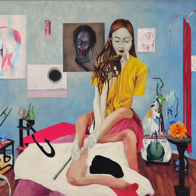 Image similar to a portrait in a female artist's zen bedroom, black walls, a tall girl sleeping, pancakes, sheet music, electric guitar, surgical supplies, ikebana, sensual, octopus, neo - expressionism, surrealism, acrylic and spray paint and oilstick on canvas