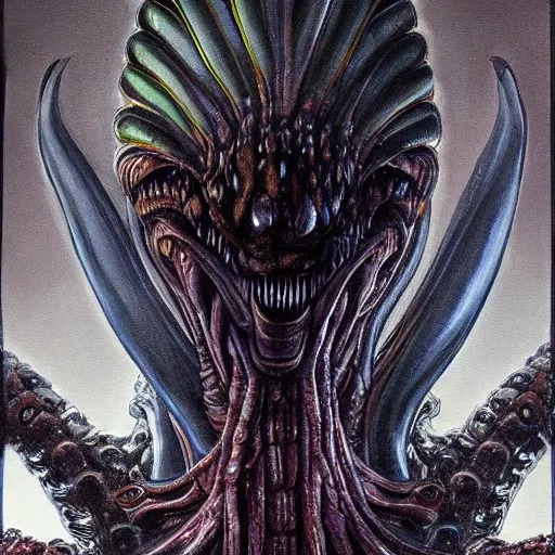 Image similar to detailed painting of mike wazowski that looks like a xenomorph, in the style of h r giger and wayne barlowe