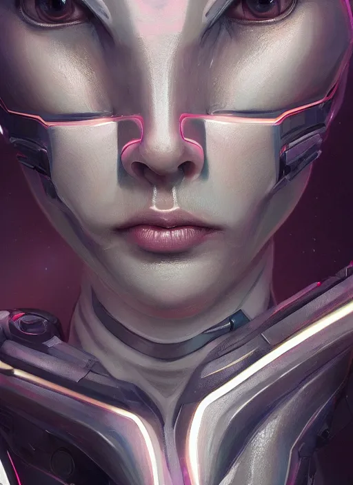 Image similar to beautiful portrait of an alien cyborg, style of Feng Zhu, Artstation, geometric, aesthetic, big eyes, smooth skin, unique features, symmetrical, volumetric lighting, streetwear, cyberpunk, detailed, octane render, cinematic, 8k,opalescent skin, retro sci fi film,