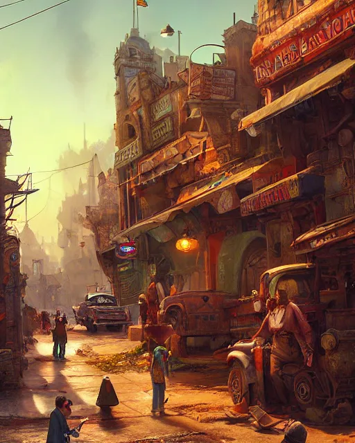 Image similar to old truck fallen apart in a street of a robust fantasy village, people gathered to watch, calming, uplifting mood, ultra realistic, factory, funny, small buildings, highly detailed, epic lighting, illuminated, cinematic, morning, art by eddie mendoza