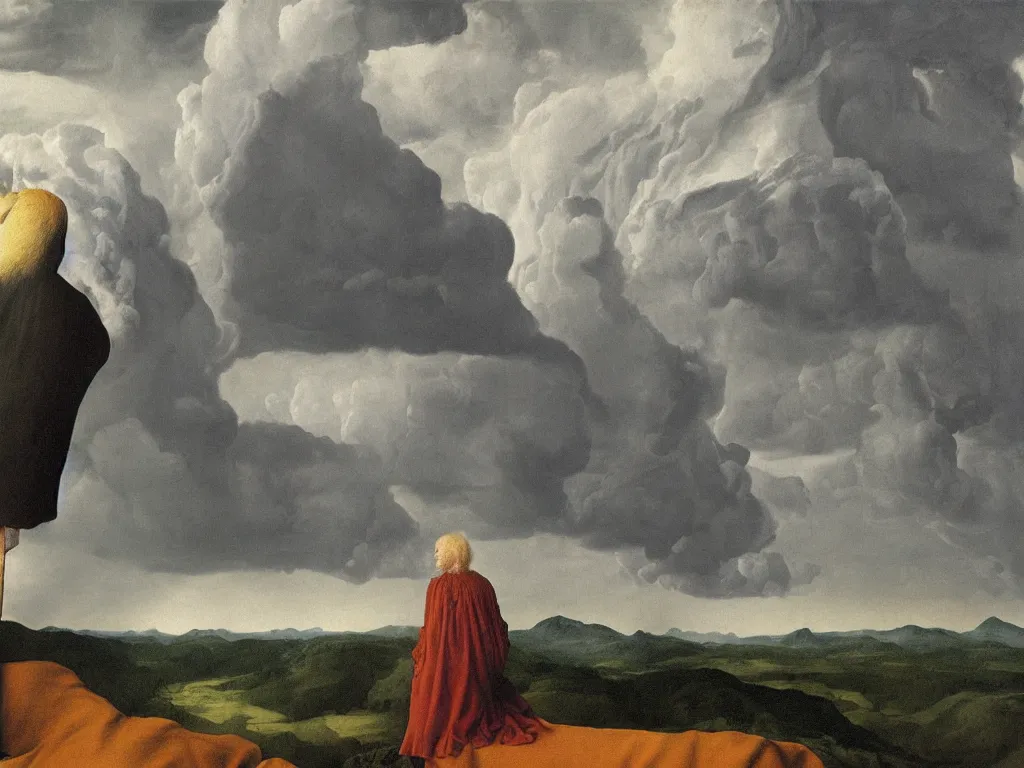 Prompt: albino mystic, with his back turned, looking at a storm over over the mountains in the distance, with dinosaur. Painting by Jan van Eyck, Audubon, Rene Magritte, Agnes Pelton, Max Ernst, Walton Ford