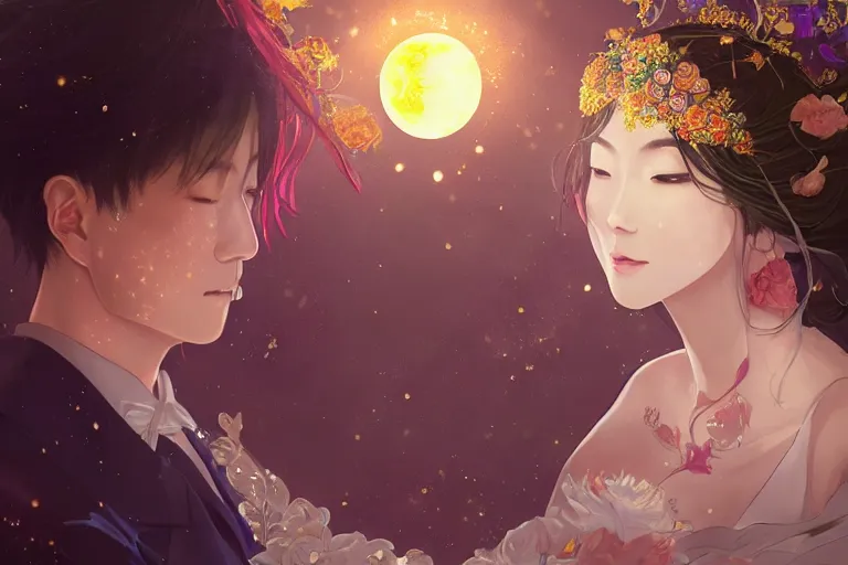 Image similar to a dreamlike portrait of wedding photograph close up moment of a divine a taiwan sun god and moon goddess lovers magician at a wedding banquet. portraiture. digital painting. artstation. concept art. fantasy wedding photo. digital painting, 8 k realistic, hyper detailed, by makoto shinkai and akihiko yoshida and hidari and wlop