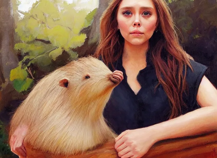 Prompt: a highly detailed beautiful portrait of elizabeth olsen with a capybara, by gregory manchess, james gurney, james jean