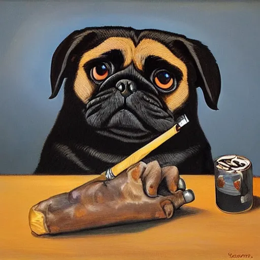 Prompt: portrait of a drunk and high black pugalier smoking a joint, painting, surrealism, extreme detail