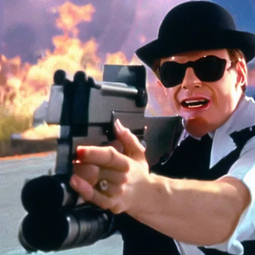 Prompt: austin powers shooting an ak - 4 7, photography, mike meyers, movie,