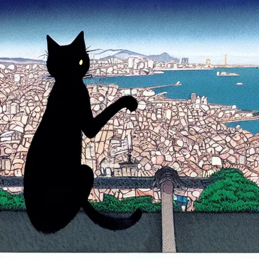 Prompt: a black cat lady looking out over a city, Miyazaki, studio ghibli