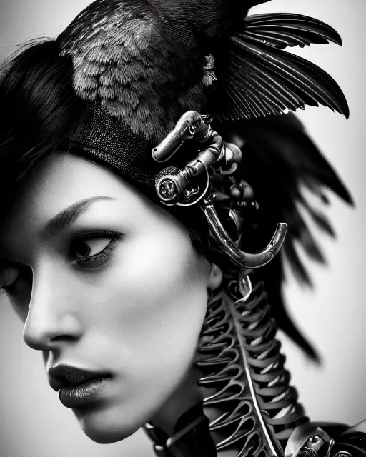 Image similar to a profile portrait, a stunning young woman - crow - cyborg, editorial photography, bw, shot on 7 0 mm, depth of field, f / 2. 8, high contrast, 1 6 k, volumetric lighting, shiny, insanely detailed and intricate, hypermaximalist, elegant, ornate, hyper realistic, super detailed