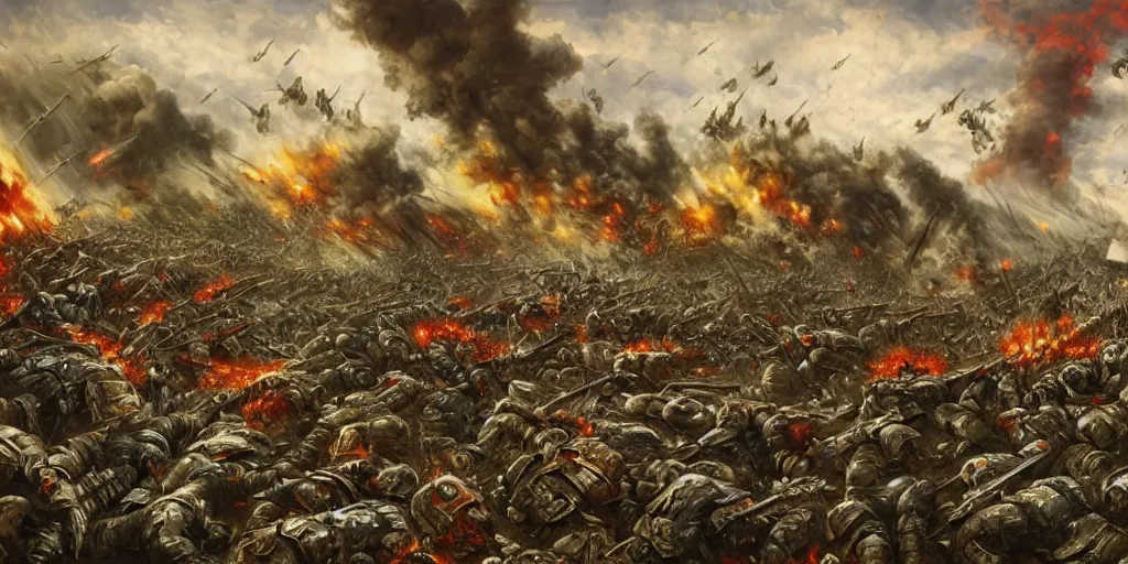 Image similar to world war 1 landscape of zergs destroying the terran soldiers, in an epic and bloody battle, beautiful painting