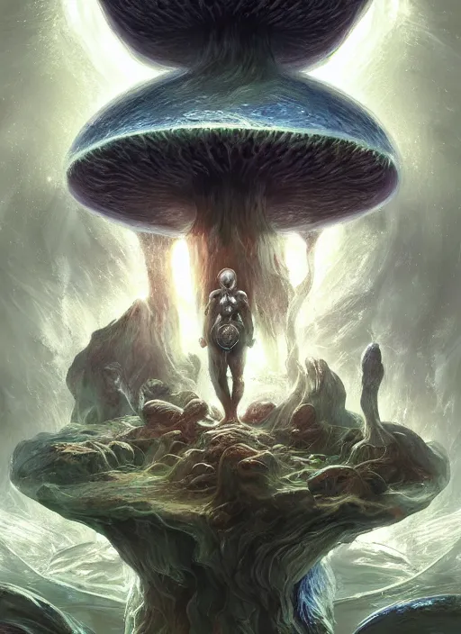 Prompt: mushroom deity inside void manifold, portrait by ross tran, timeline nexus, ascending universes, a dnd illustration of philosophical concept by cgsociety and james gurney, artstation, hdr, rtx