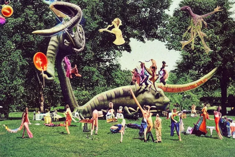 Prompt: full - color 1 9 7 0 photo of : view from a back porch of a lawn with a giant doing cartwheels, a statue wearing high - heels, happy creatures dancing, a dinosaur - victrola, tambourines and elephants playing in the band, a magician summoning a wondrous apparition, and people riding on a flying spoon.