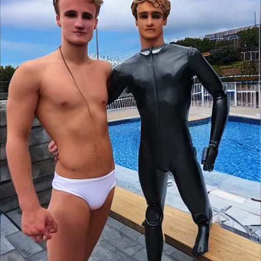 Image similar to “a realistic detailed photo of a guy who is an attractive humanoid who is half robot and half humanoid, who is a male android, British diver Jack Laugher & Chris Mears, shiny skin, posing like a statue, blank stare, by a diving pool, on display”