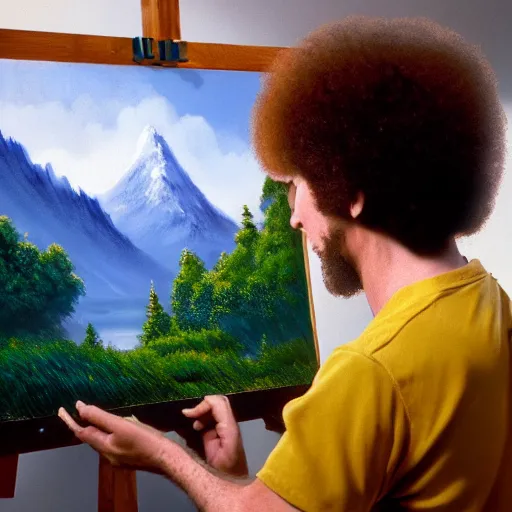 Image similar to a closeup photorealistic photograph of bob ross working on a canvas painting of mickey mouse. film still. brightly lit scene. mountains and trees. this 4 k hd image is trending on artstation, featured on behance, well - rendered, extra crisp, features intricate detail, epic composition and the style of unreal engine.