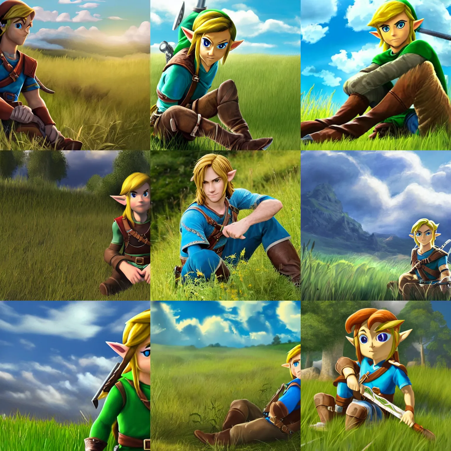 Prompt: A photo of Link from Zelda sitting in a field on a sunny day with clouds in the sky, he is young