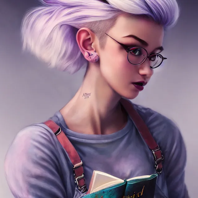 Image similar to full body pose, beautiful adult fairy, pixar, short white hair shaved sides, dirty, grungy, grunge, long sleeve, painted overalls, stacks of giant books, highly detailed, 4 k, hdr, smooth, sharp focus, high resolution, award - winning photo, artgerm, photorealistic