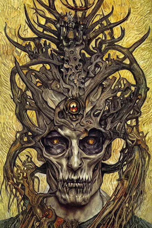 Image similar to The King of Bones by Karol Bak, Jean Deville, Gustav Klimt, and Vincent Van Gogh, portrait of a majestic demonic undead king, undead, lich lord, eyes on fire, fire in eyes, mystic eye, otherworldly, crown made of bones, antlers, horns, ornate jeweled crown, skull, fractal structures, arcane, inferno, inscribed runes, infernal relics, ornate gilded medieval icon, third eye, spirals, rich deep moody colors