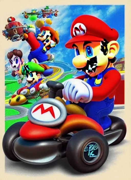 Image similar to mario kart, dragon quest, hyperrealism, intricate detailed