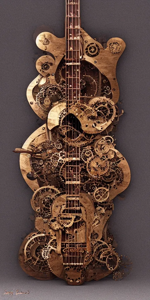 Prompt: ! dream steampunk guitar and music, assembly drawing, 3 - dimensional, cherry - wood, liquid metal, brass, iron filings, tone mapping