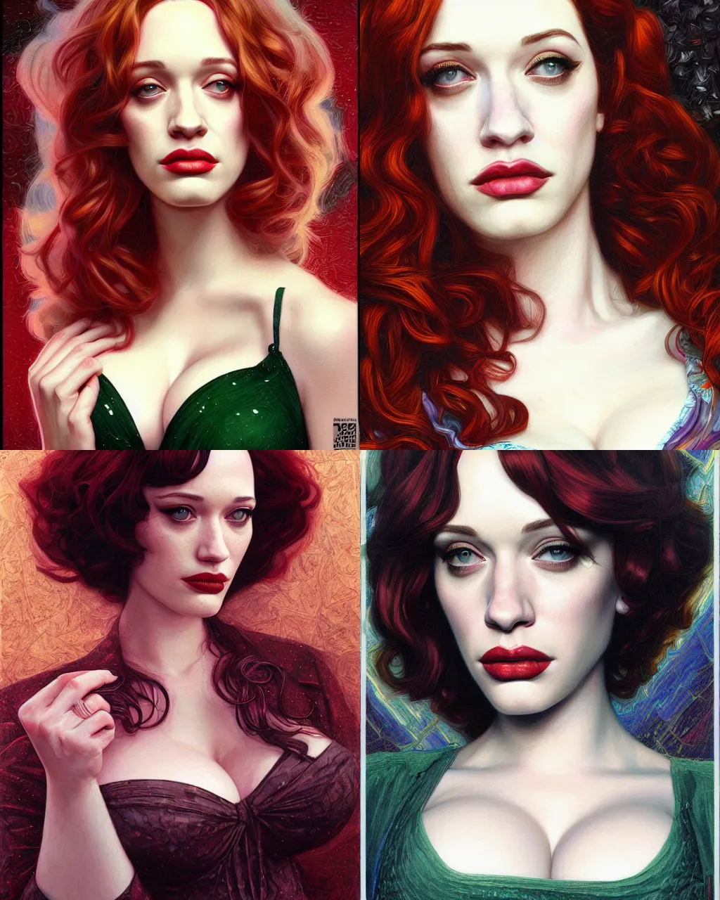 Prompt: glitchcore portrait of Christina Hendricks Kat Dennings, elegance, highly detailed, shallow depth of field, Artstation, Artgerm, Donato Giancola and Joseph Christian Leyendecker