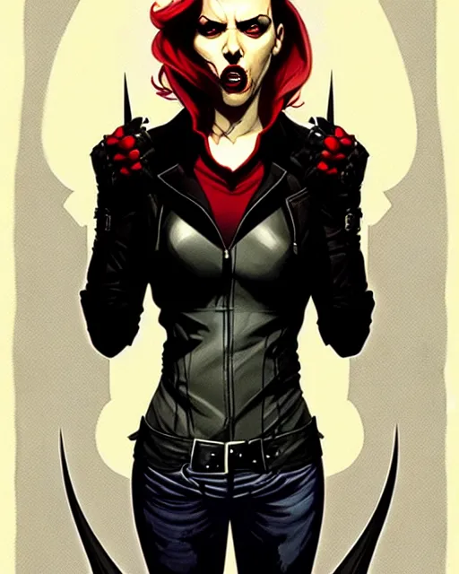 Image similar to rafael albuquerque comic art, peter mohrbacher, steve niles, phil noto, artgerm, pretty scarlett johansson vampire sharp vampire teeth open mouth, symmetrical eyes, black leather jacket, jeans, long blonde hair