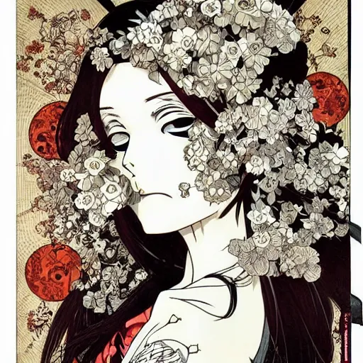 Image similar to anime manga skull portrait girl female skeleton illustration detailed patterns art Geof Darrow and Phil hale and Ashley wood and Ilya repin alphonse mucha pop art nouveau