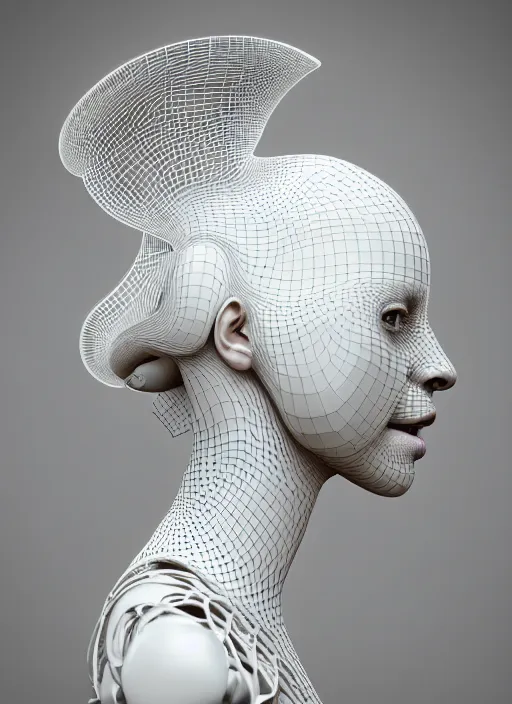 Image similar to complex 3d render ultra detailed of a beautiful porcelain profile woman face, white background, mechanical cyborg, 150 mm, beautiful natural soft light, rim light, studio light, silver gold details, magnolia big leaves and stems, roots, fine foliage lace, mesh wire, intricate details, hyperrealistic, mandelbrot fractal, Alexander Mcqueen haute couture, anatomical, red lips, white metal armor, facial muscles, cable wires, microchip, elegant, octane render, H.R. Giger style, 8k