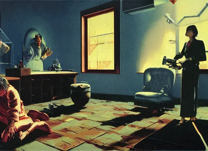 Prompt: a still from the movie pulp fiction by of francis bacon, surreal forest, norman rockwell and james jean, greg hildebrandt, and mark brooks, triadic color scheme, by greg rutkowski, in the style of francis bacon and syd mead and edward hopper and norman rockwell and beksinski, dark surrealism, open ceiling
