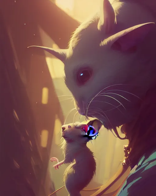 Image similar to highly detailed vfx portrait of a rat, unreal engine, greg rutkowski, loish, rhads, beeple, makoto shinkai and lois van baarle, ilya kuvshinov, rossdraws, tom bagshaw, alphonse mucha, global illumination, detailed and intricate environment