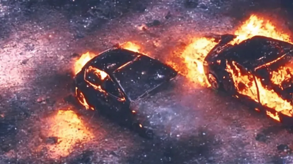 Image similar to movie still of a burning car in outer space