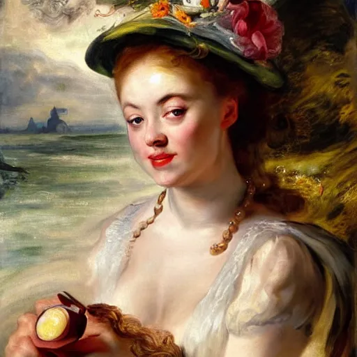 Prompt: heavenly summer sharp land sphere scallop well dressed lady drinking a starbuck latte, auslese, by peter paul rubens and eugene delacroix and karol bak, hyperrealism, digital illustration, fauvist